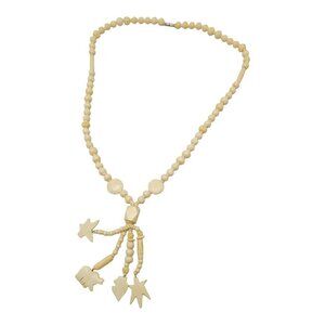 Bovine Bone Bead Beaded Elephant Bird Carved Statement Silver Tone Necklace